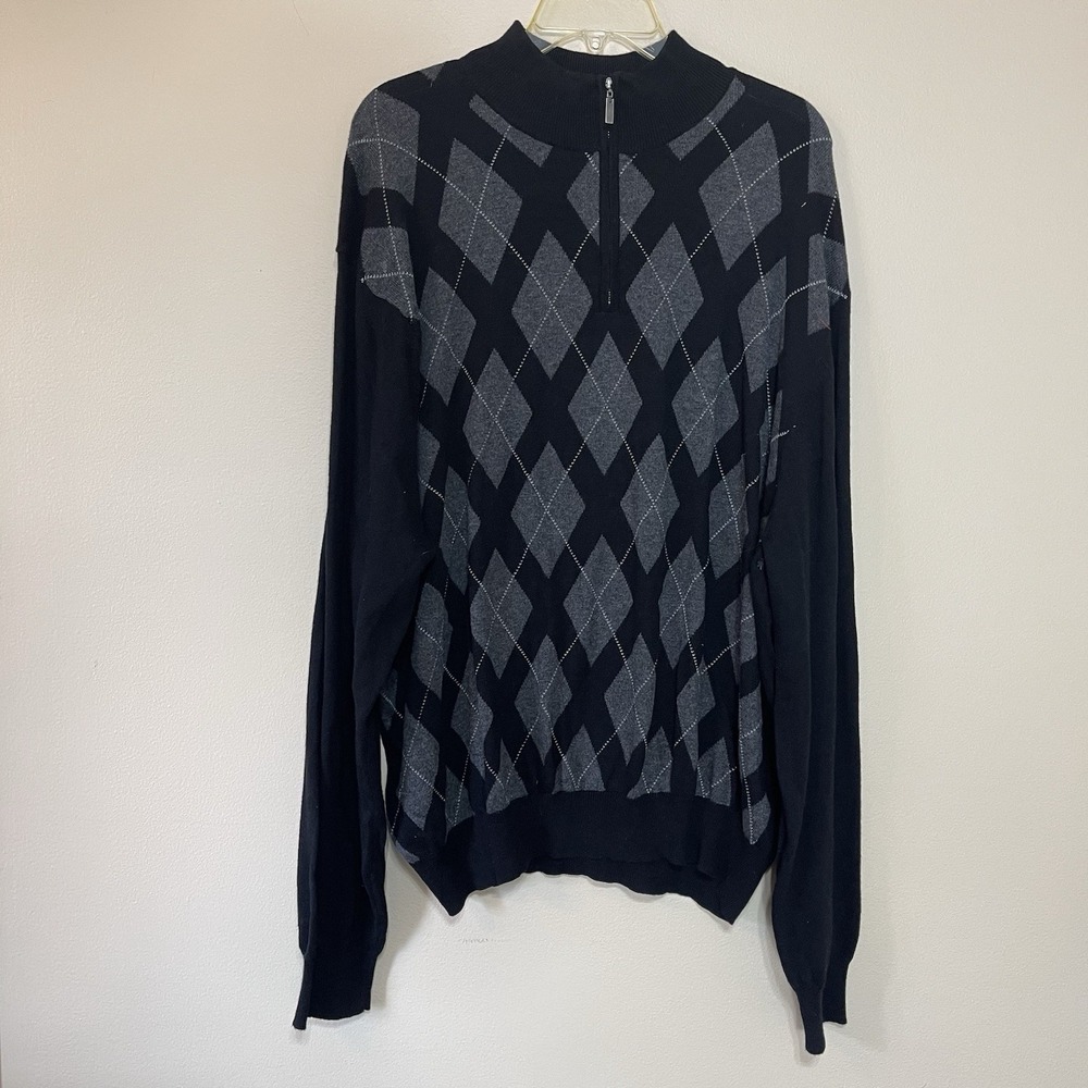NEW Kenneth Roberts Platinum XXL‎ Argyle 1/4 Zip Sweater Cotton Cashmere Black